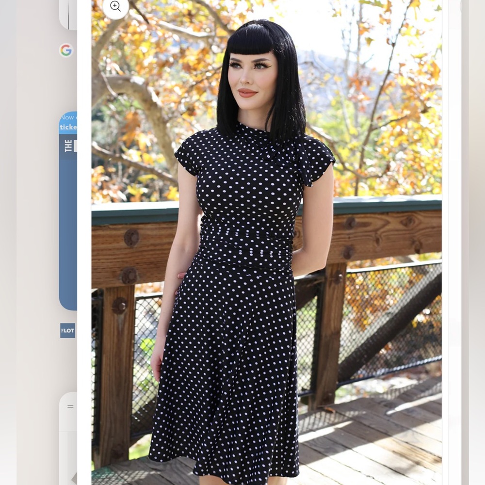 Retro-Licious 50’s rockabilly vibe polka dot black dress sz m with front tie